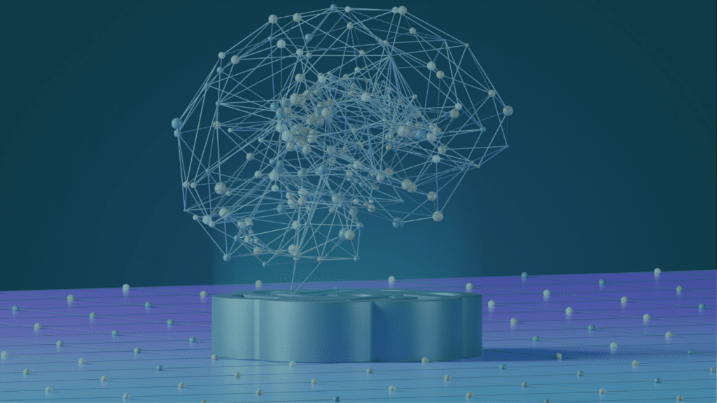 A 3D digital illustration of a glowing, blue network web shaped like a human brain, hovering over a pedestal on a grid-patterned surface.